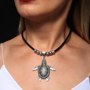 Antique Silver Plated Turtle Pendant Necklace